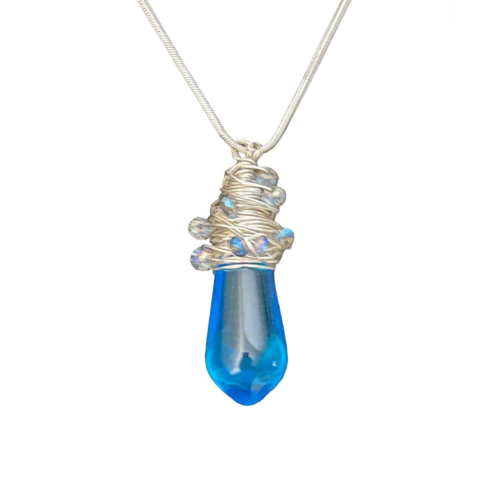 N210 Sterling 925 wire and chain on large laboradite wrapped blue agate pendant